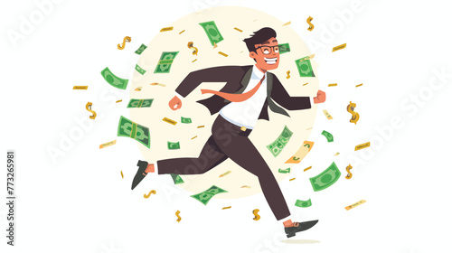 Happy Wealthy Businessman Running with Lot of Money 