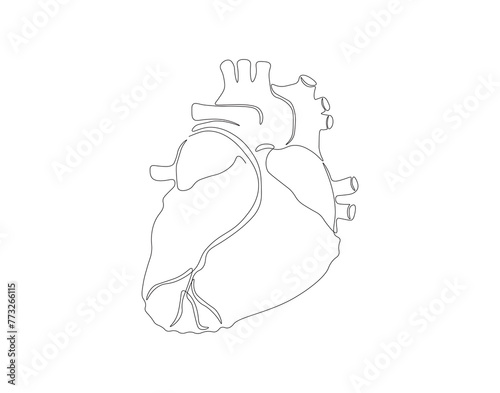 Continuous one line drawing of human heart organ. One line of anatomical human heart. Medical internal concept continuous line art. Editable outline.
