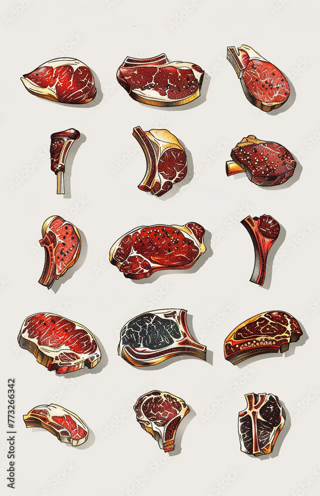 Fototapeta premium Set of beef in drawing form, generative ai