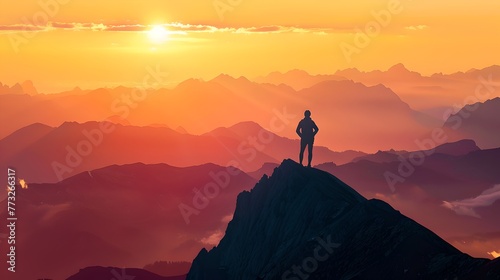 Solo adventurer on a mountain peak at sunset. Tranquil scene, inspiring solitude, nature's majesty. Perfect for outdoor themes. AI