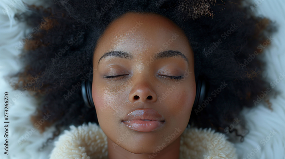 Relaxed woman with headphones lying down, eyes closed, enjoying music or meditation. Relaxed woman with headphones lying down, eyes closed, enjoying music or meditation.