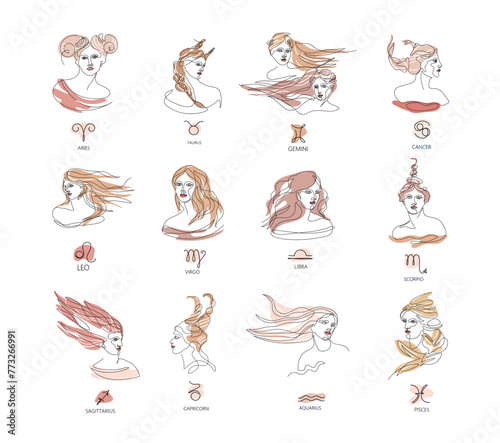 Set of zodiac signs. Aries, Taurus, Gemini, Cancer, Virgo ,Leo, Libra, Scorpio, Sagittarius, Capricorn, Aquarius, Pisce.