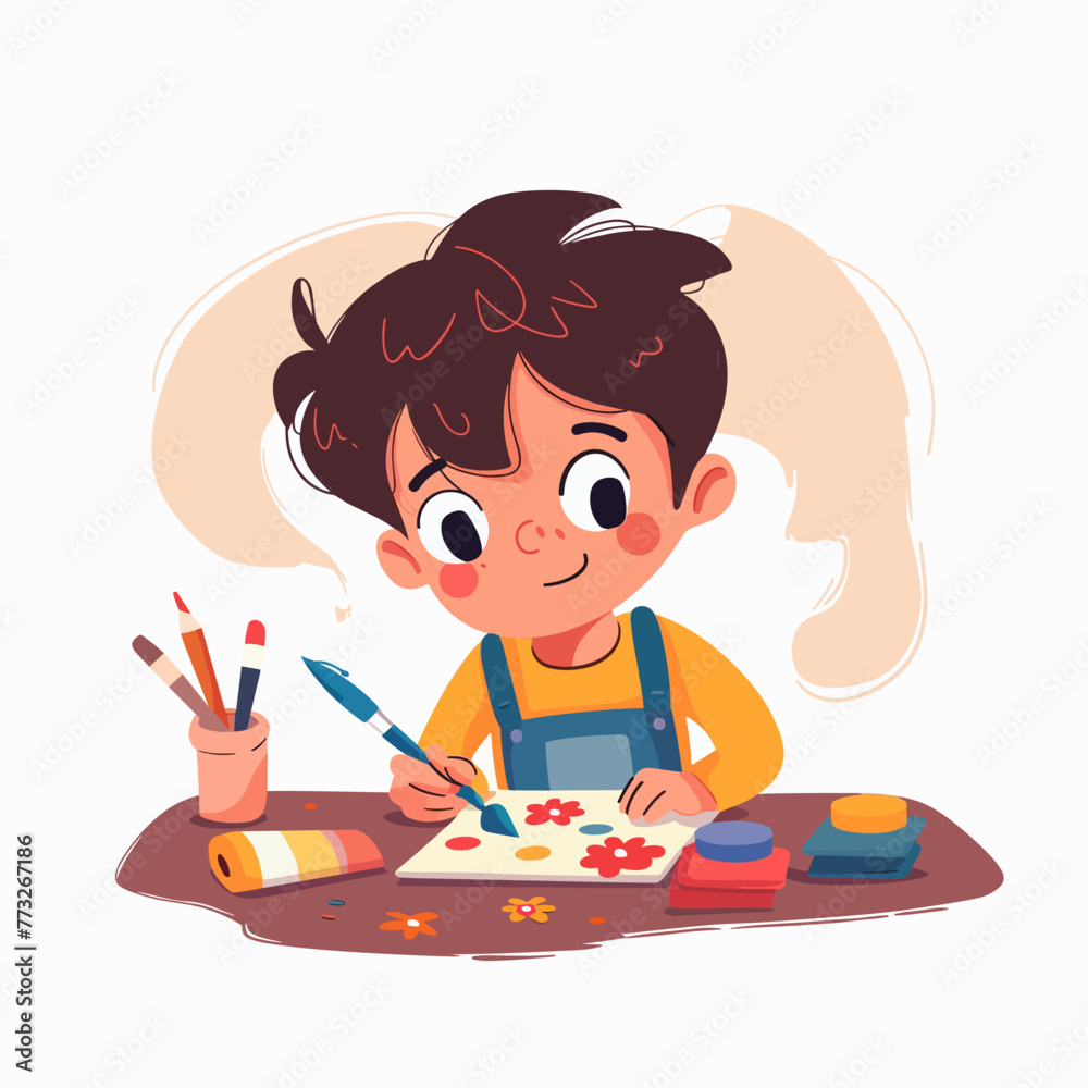 Cute little girl painting with paints. Vector cartoon character illustration. Cute little girl painting with paints. Vector cartoon character illustration.