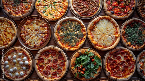 pizza, pizzas and side dishes, pizzas and side dishes for vegetarian, in the style of puzzle-like elements, aerial photography. Generative AI