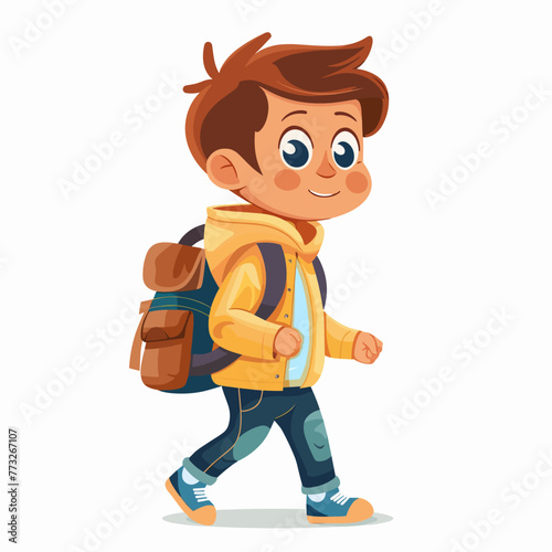 Cute little schoolboy walking with backpack vector Illustration isolated on a white background