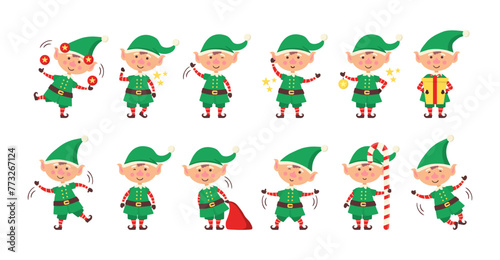 Collection of Christmas elves isolated on white background. Set of little Santa's helpers with holiday gifts and decorations. Set of adorable cartoon characters. Flat vector illustration.