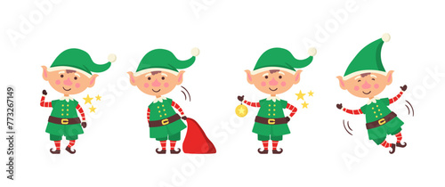 Collection of Christmas elves isolated on white background. Set of little Santa's helpers with holiday gifts and decorations. Set of adorable cartoon characters. Flat vector illustration.