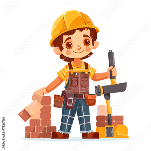 Cute little builder boy in helmet and overalls with building tools. Vector illustration