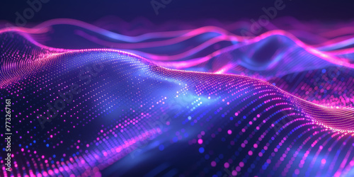 Wallpaper Mural 3d  dark purple with blue neon lines wave dots representing digital binary data. Concept for big data, deep machine learning, artificial intelligence, business technology ,futuristic Torontodigital.ca