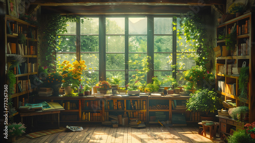 Cozy home library with large window overlooking nature, sunlight bathing room filled with books and plants.