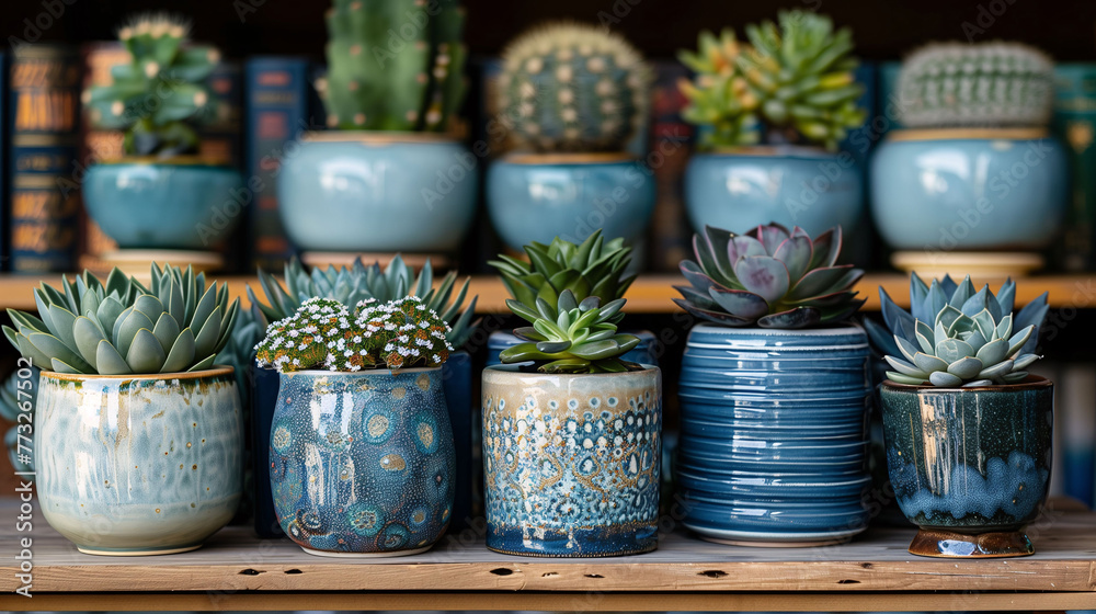 Assorted succulents in decorative pots on a wooden shelf, ideal for home decor and gardening themes.