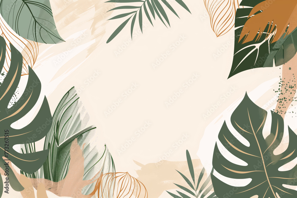 Tropical leaves frame a serene blank space, ideal for text or imagery, exuding natural elegance Tropical leaves frame a serene blank space, ideal for text or imagery, exuding natural elegance