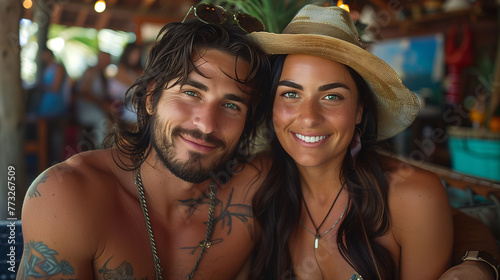 Happy couple enjoying vacation in a tropical beach bar.