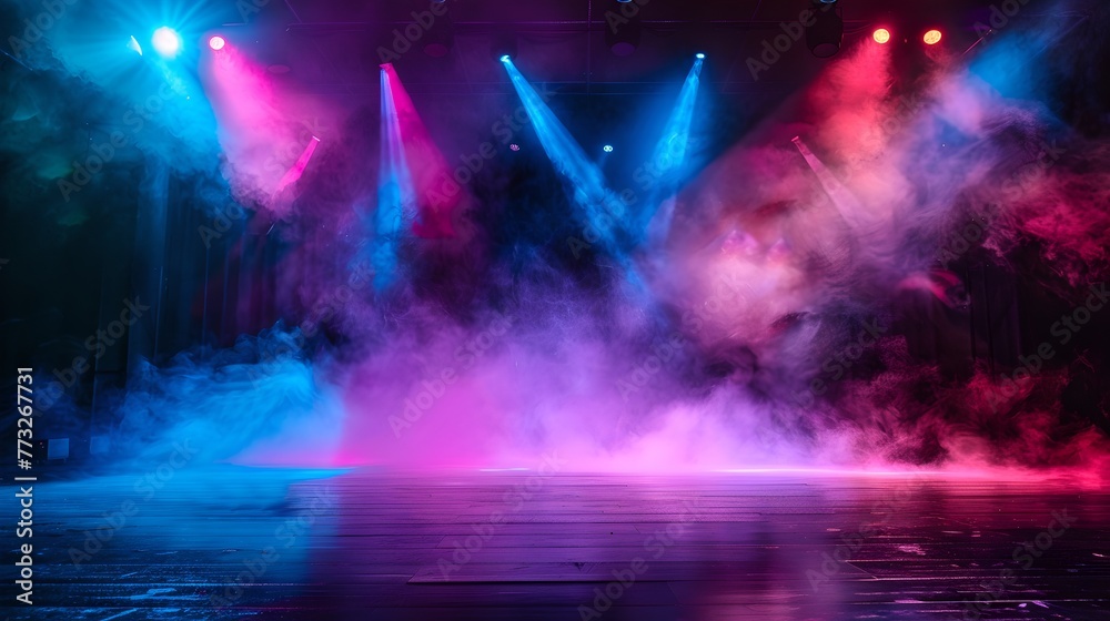 Vivid stage lights with smoke effect on empty theater setting. Entertainment and performance concept. Ideal for event promotions. AI