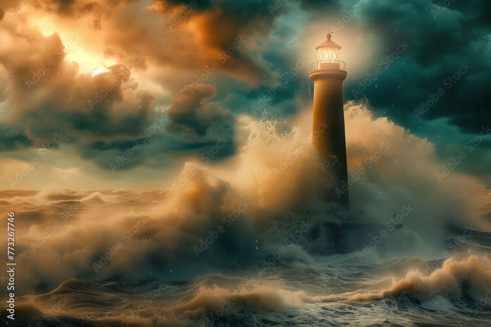 A lighthouse stands amidst turbulent waves, illuminated by a dramatic sky at dusk, symbolizing steadfast hope