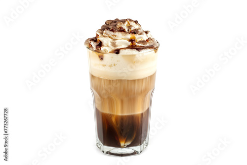 Iced caramel latte coffee in a tall glass with syrup and whipped cream isolated white background.