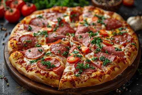 sliced pizza with meat, ham, and salami in an olive oil and tomatoes with kale, in the style of dark background. generative AI