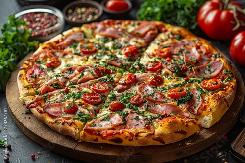 sliced pizza with meat, ham, and salami in an olive oil and tomatoes with kale, in the style of dark background. generative AI