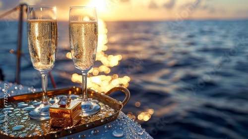 Luxury engagement ring on a sparkling golden box aboard a yacht at sunset with champagne glasses in the background.