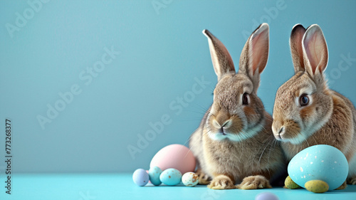 Easter Bunny With Colorful Eggs and Floral Background. Beautiful simple AI generated image in 4K, unique. © ArtSpree