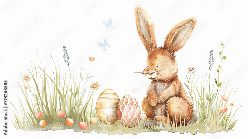 A fluffy rabbit peacefully sits beside colorful eggs nestled in the vibrant grass, creating a whimsical Easter scene. Generative AI. Beautiful simple AI generated image in 4K, unique.