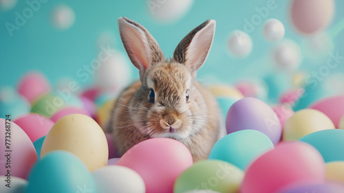 Small grey rabbit with speckled eggs. Beautiful simple AI generated image in 4K, unique. © ArtSpree
