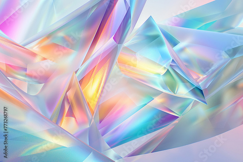 Futuristic holo abstract with 3D geometric forms, set against a backdrop of light pastel colors and holographic effects.