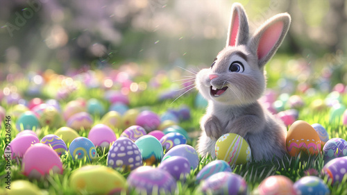 Cartoon 3D cute bunny with Easter eggs. Beautiful simple AI generated image in 4K, unique. photo