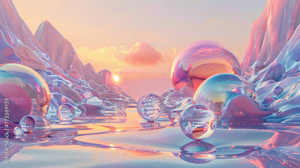 Futuristic landscape of 3D shapes, emerging in holographic brilliance against a canvas of soft, pastel-infused light. - obrazy, fototapety, plakaty 