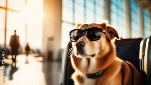 Traveling with pets Concept. Cute Dog in sunglasses at the airport terminal waiting vacation. transportation of animals for holiday or emigration photo