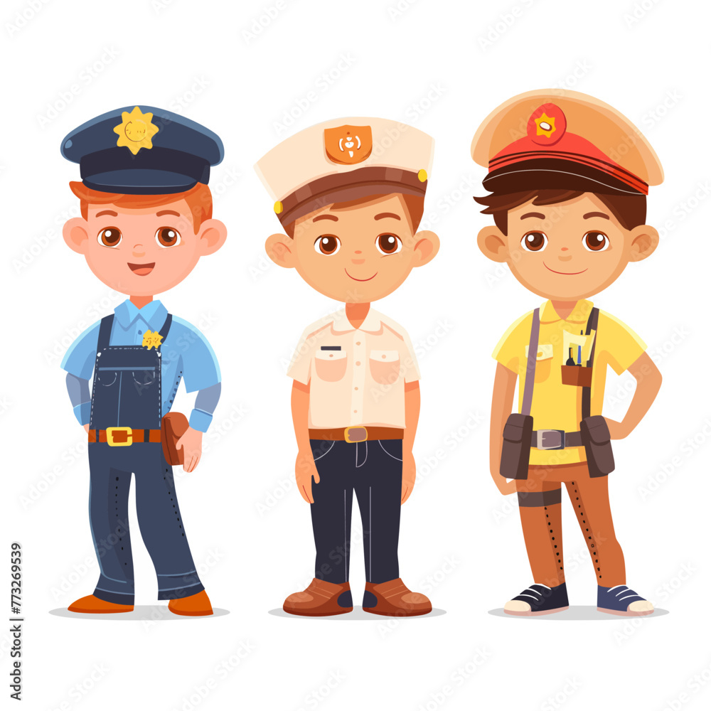 Set of cute boys in police uniform. Vector illustration in cartoon style Set of cute boys in police uniform. Vector illustration in cartoon style