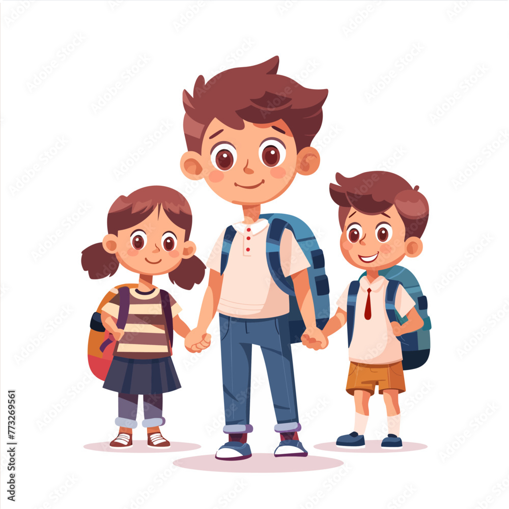 Fototapeta premium Cute school children with backpacks. Vector illustration in cartoon style