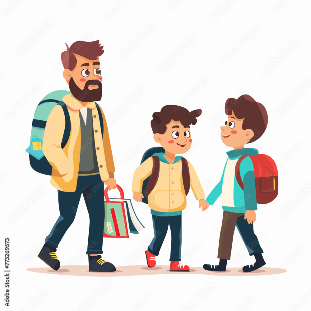 Father and son with backpacks going to school vector cartoon illustration