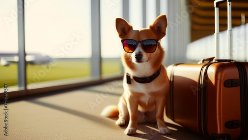 Traveling with pets Concept. Cute Dog in sunglasses at the airport terminal waiting vacation. transportation of animals for holiday or emigration © Yekatseryna