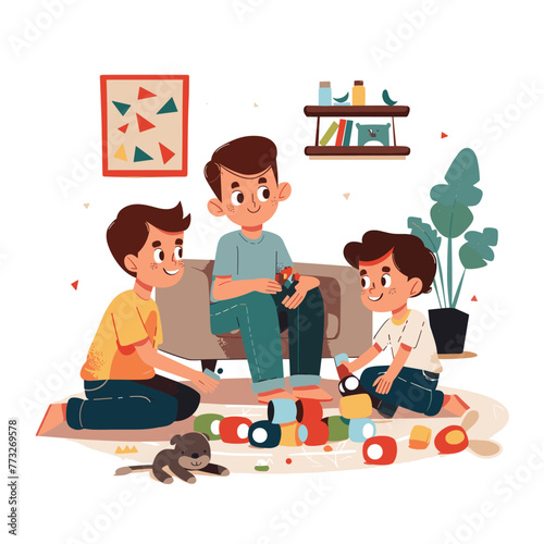 Happy children playing together at home. Boys sitting on the floor and playing with toys. Vector illustration