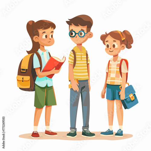 Cute schoolboys and girls with backpacks and books, vector illustration.