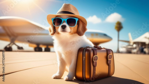 Travel with pets Concept. Cute Dog in sunglasses at the airport terminal waiting trip. transportation of animals for holiday or emigration