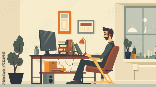 Illustration of a man love his computer on room background