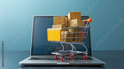 Online shopping, shopping cart and computer purchase, e-commerce concept 