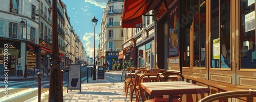 An inviting Parisian cafe with empty chairs and tables bathed in sunlight offers a peaceful city setting. © Daniela