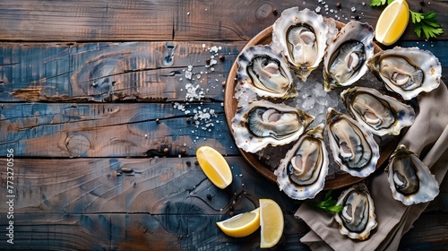 Gourmet Chilled Oysters Ready on Timber Table with Copy Space