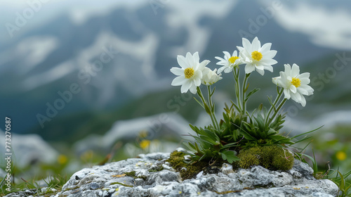 Edelweiss blossoming on a mountain rock. Leontopodium alpinum
