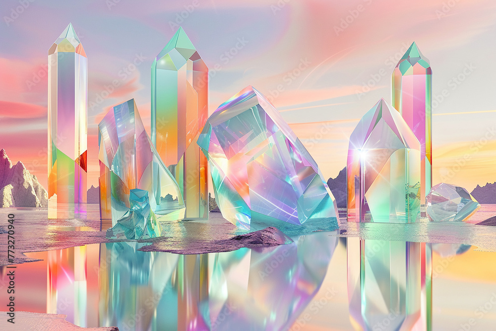 Holographic abstract art featuring light-infused 3D shapes, set in a serene landscape of soft pastel colors. Holographic abstract art featuring light-infused 3D shapes, set in a serene landscape of soft pastel colors.