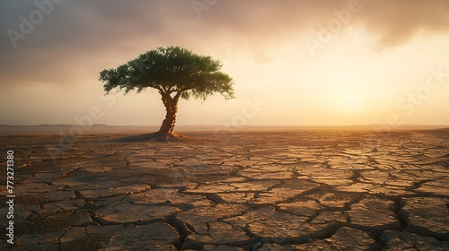 Single tree in the middle of desert Sahara with sands storm nature landscape AI generated