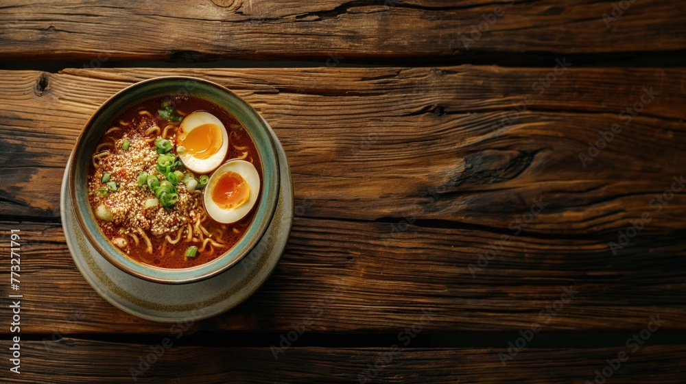 Gourmet Bowl of Spicy Ramen with Copy Space on Timber Gourmet Bowl of Spicy Ramen with Copy Space on Timber