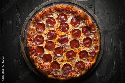 an image of a pepperoni pizza on a wooden plate, large canvas sizes, high quality, aerial photography. generative AI