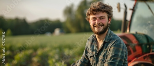 Young farmer standing in a shirt, grinning and standing in front of a tractor, surrounded by nature and a tractor. Concept: bio eco, clean environment, beautiful, healthy people, farmers.