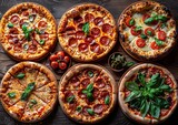 different pizzas with vegetables , in the style of aerial photography. Generative AI