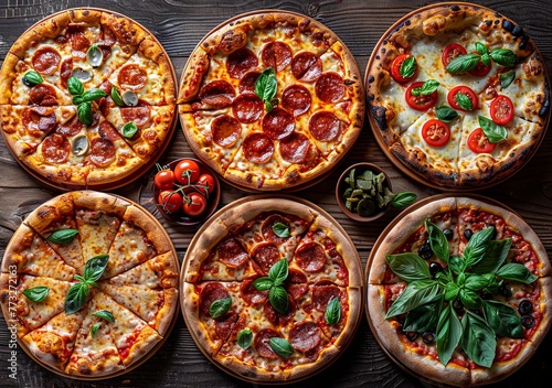 different pizzas with vegetables , in the style of aerial photography. Generative AI
