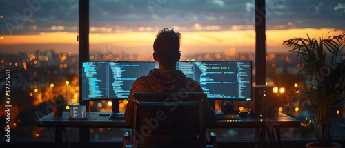 Web design, coding and programming technologies. Programmer working in an office for a software development company. photo